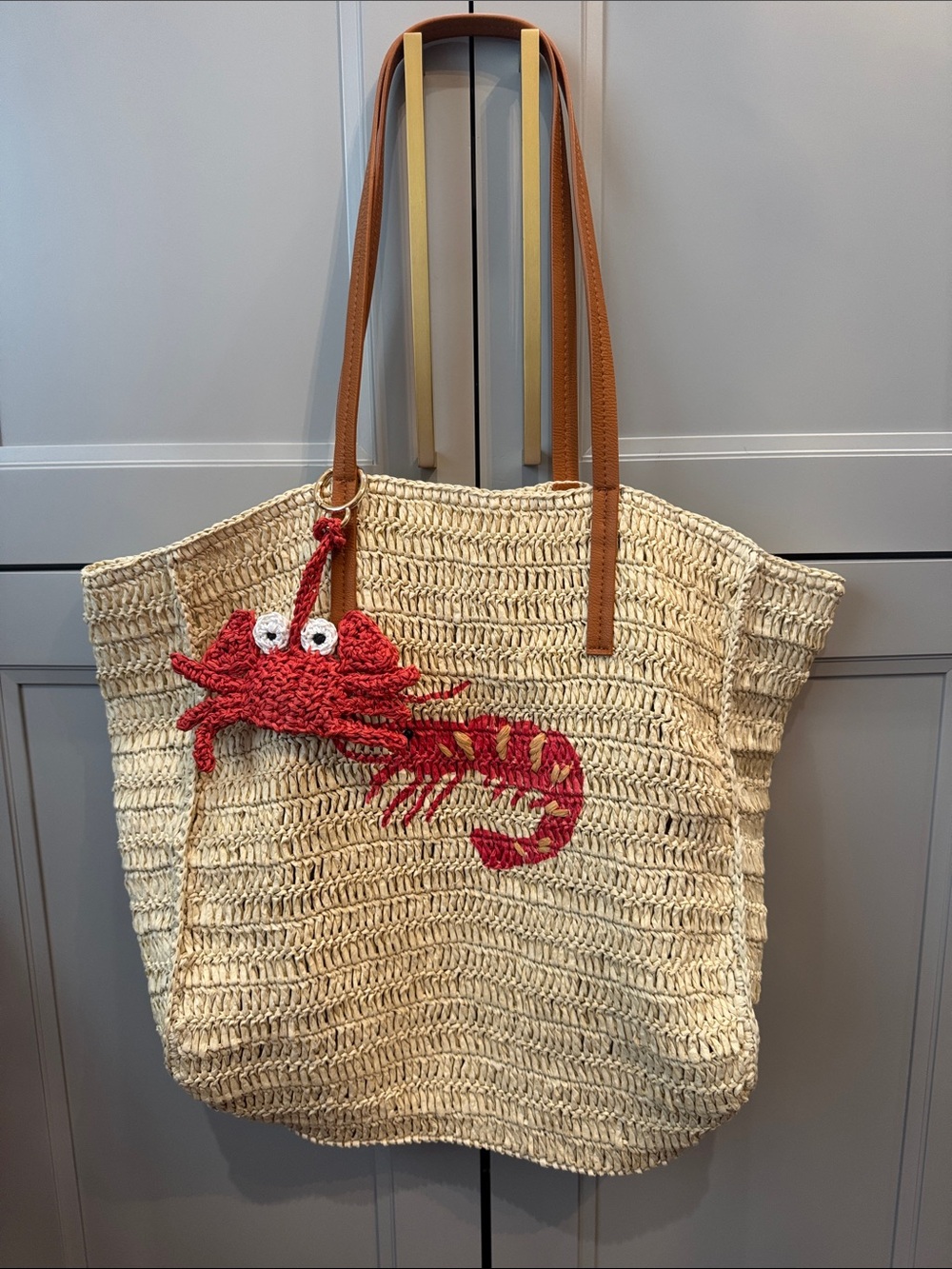 Women’s Straw Tote Bag with Red Lobster Accent - Cream and Tan